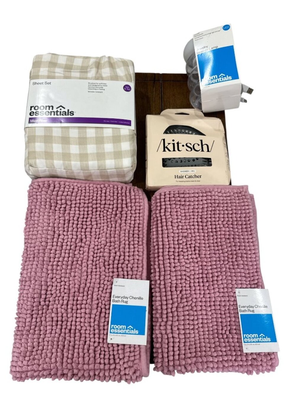 Home Essentials Bundle: Twin XL Sheet, Set 2 Chenille Bath Rugs, Hair Catcher, &